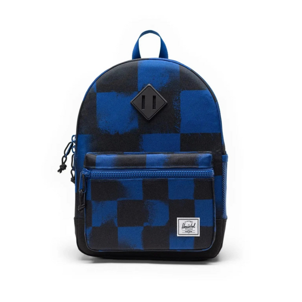Blue and black checkered backpack on a white background