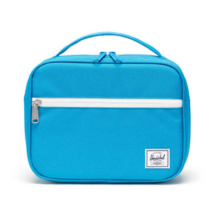 Blue rectangular bag with a white zipper on a white background