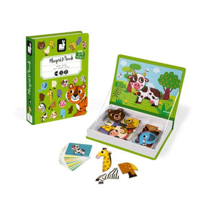 Children's magnetic toy set with animal figures and packaging on a white background
