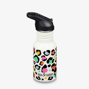 White water bottle with colorful leopard print pattern and black lid on a white background