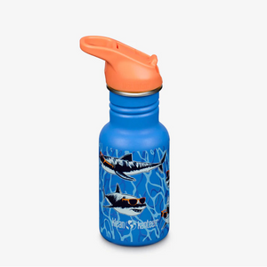 Blue water bottle with shark design and orange lid on a white background