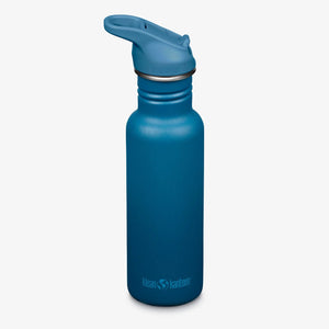Blue water bottle with a screw-on cap on a white background