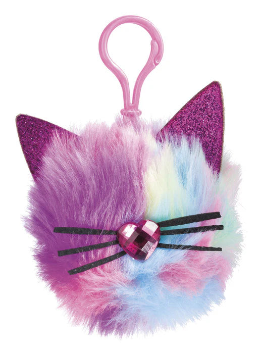 Multicolored fluffy cat-shaped keychain with a pink handle on a white background