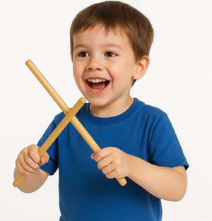 Child holding drumsticks against a white background