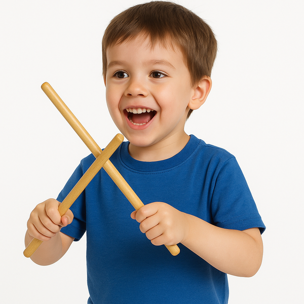 Child holding drumsticks against a white background