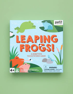 Board game box titled 'Leaping Frogs!' by petit collage on a green background