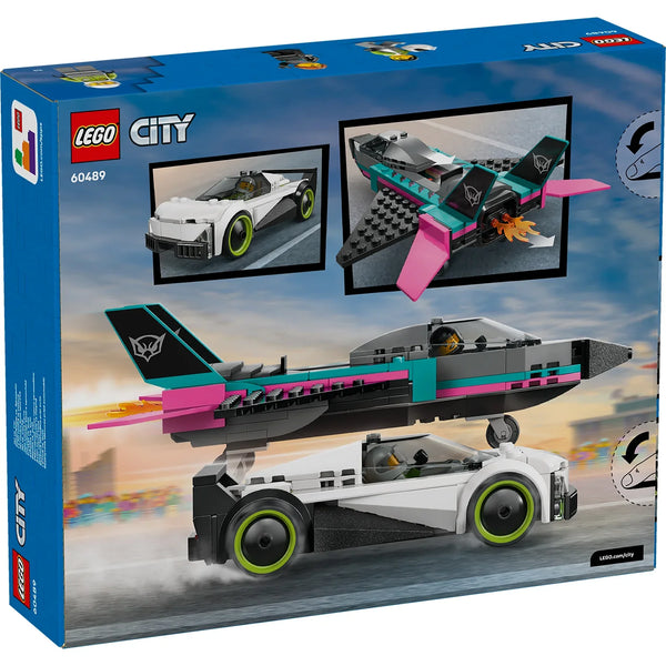 LEGO City set packaging with toy vehicle and airplane models on a blue sky background