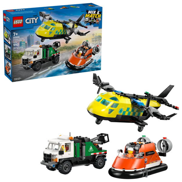 LEGO City set with helicopter, truck, and boat on a white background