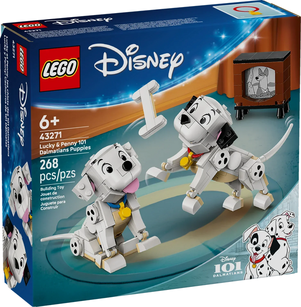 LEGO Disney 101 Dalmatians puppies set packaging with two puppies on a blue background.