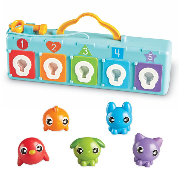 A colorful toy lockbox with five numbered colored panels and five small matching animal figures below, photographed on a clean white background.