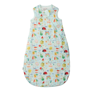 Baby sleeping bag with colorful cartoon pattern on a white background
