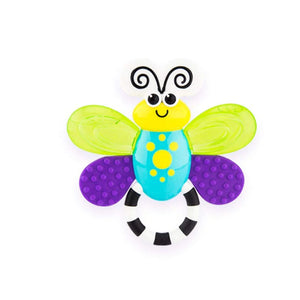 A colorful teething toy designed to look like a butterfly with water-filled wings.