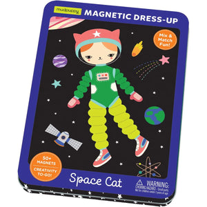 Magnetic dress-up toy packaging with space-themed design on a white background