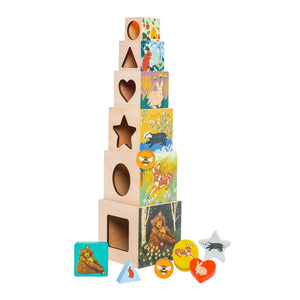 A set of wooden stacking blocks with acrylic panels featuring various animals and shapes, intended for young children.