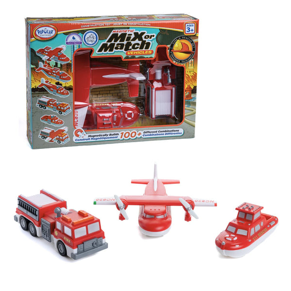 Toy set with fire truck, helicopter, and boat in front of a Max or Match Vehicles packaging.