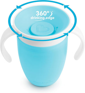 A blue Munchkin Miracle Cup with 360° drinking edge and handles designed for toddlers.