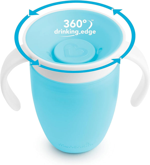 A blue Munchkin Miracle Cup with 360° drinking edge and handles designed for toddlers.