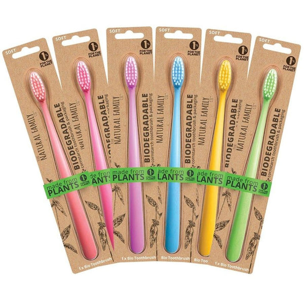 The Natural Family Co. | Biodegradable Toothbrush Single for Adults and Older Children | Neon Assorted