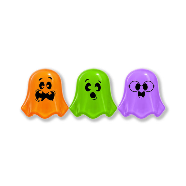 Three colorful ghost figures on a white background