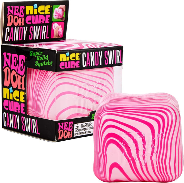 A pink and white zebra-striped squishy toy candy swirl next to its retail packaging box, which features the brand name 'Nee Doh' and product name 'Nice Cube Candy Swirl'.