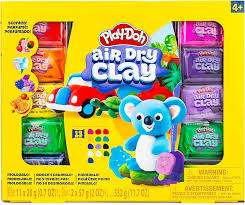 Play-Doh Air Dry Clay set packaging with various colors and a koala figure on a yellow background.