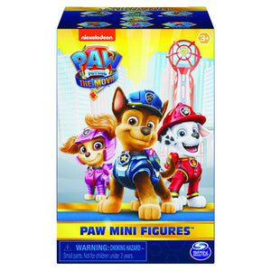Packaging for Nickelodeon Paw Patrol Mini Figures Blind Box with images of animated characters in a city setting.