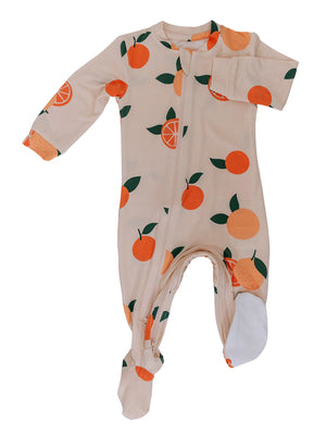 Baby sleeper with footies, long-sleeve, orange fruit pattern, with fold over mittens and grippy underfeet.