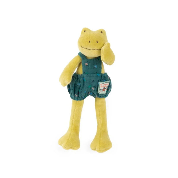 Plush frog toy wearing denim overalls on a white background