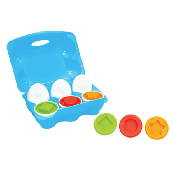 Toy egg carton with colorful stamps on a white background