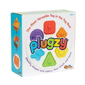 A colorful box packaging of 'Plugzy' toy featuring various geometric shaped plugs in multiple colors designed for infant and toddler sensory play.