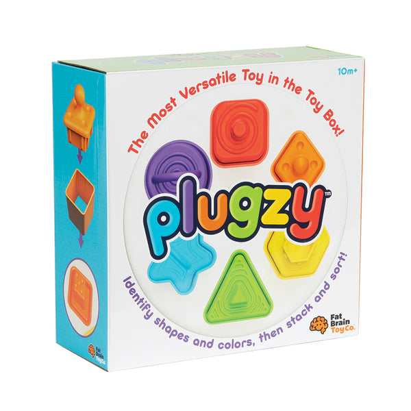 A colorful box packaging of 'Plugzy' toy featuring various geometric shaped plugs in multiple colors designed for infant and toddler sensory play.