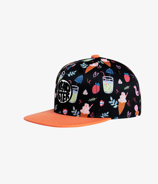 Cap with colorful design and orange brim on a white background