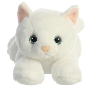 White plush cat toy with black eyes on a white background