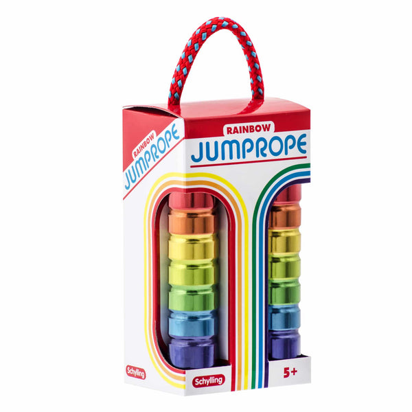 Packaged rainbow jump rope with Schylling branding on a white background