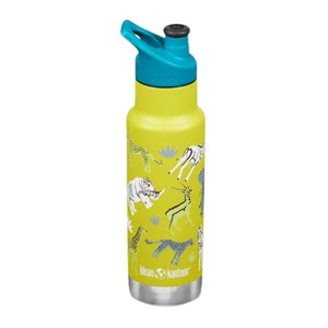 A yellow with animals Klean Kanteen insulated stainless steel water bottle with a sport cap.