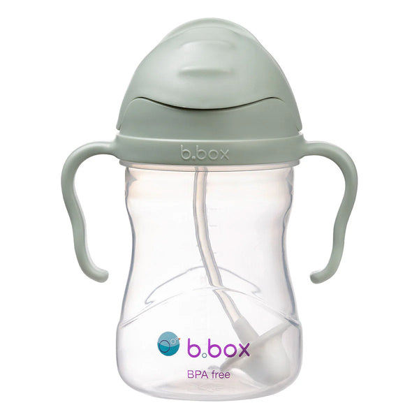 Sippy cup with handles and b.box branding on a white background
