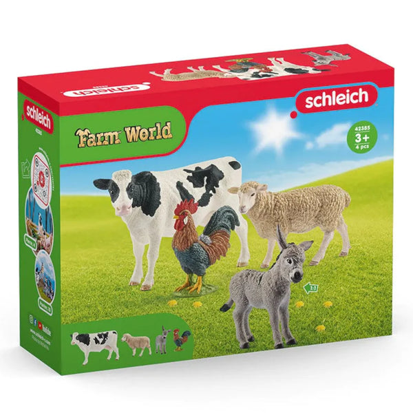 Packaging for a Schleich Farm World playset featuring illustrations of a cow, chicken, sheep, and a donkey on a green and red background.