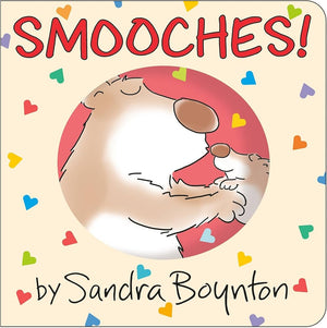 Book cover of 'Smoocches!' by Sandra Boynton with a cartoon hedgehog and colorful hearts.