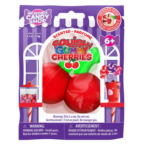 Packaging of Squishy Gummy Cherries toy with purple background