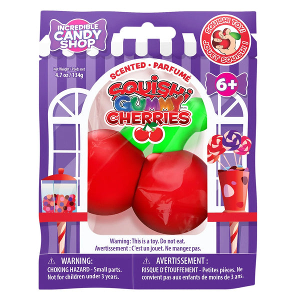 Packaging of Squishy Gummy Cherries toy with purple background