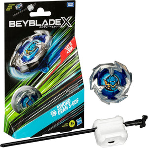 Beyblade X Starter Pack which includes a Beyblade top, a launcher, and packaging with Assorted design.