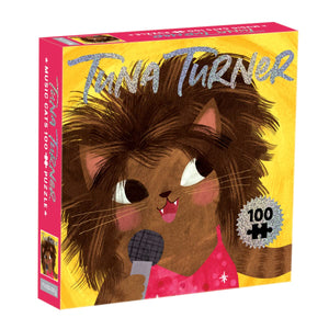Box of a puzzle featuring a cat with a microphone, titled 'Tuna Turner'.