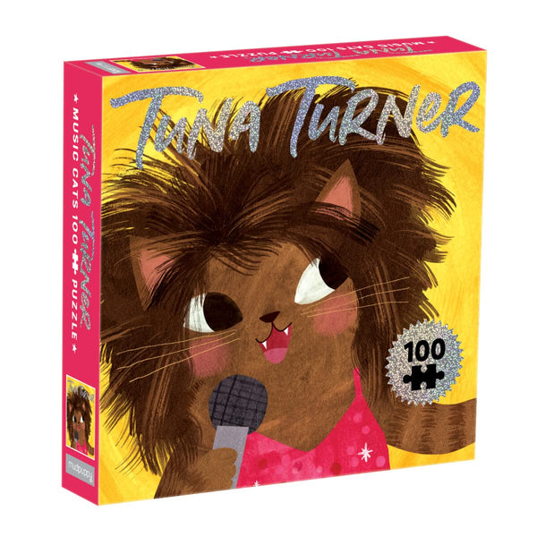 Box of a puzzle featuring a cat with a microphone, titled 'Tuna Turner'.