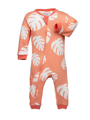 A footless baby sleeper with long sleeves, featuring a leaf pattern in orange color, with two zippers for closure.