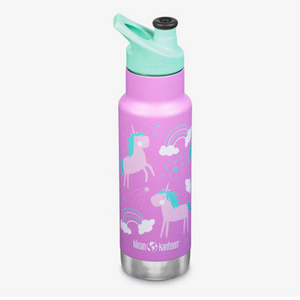 Pink water bottle with unicorn design on a white background