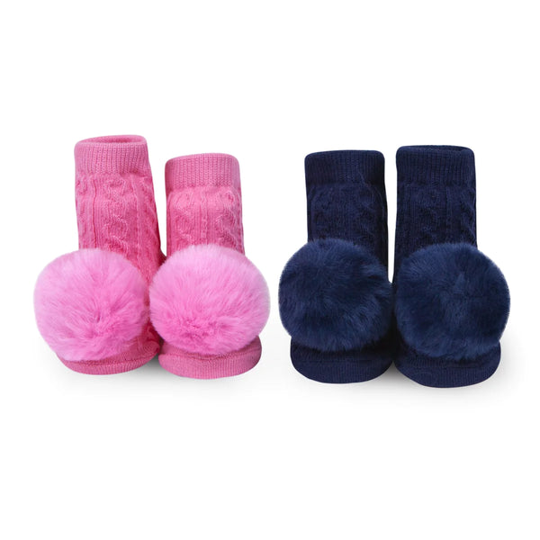 Waddle Baby Pom Pom Rattle Socks (0-12 months) | Rose and Navy | 2 pairs
