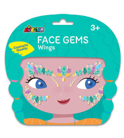 Packaging of face gems with decorative wings on a white background