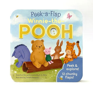 Children's book titled 'Peek-a-Flap Winnie the Pooh' on a white background