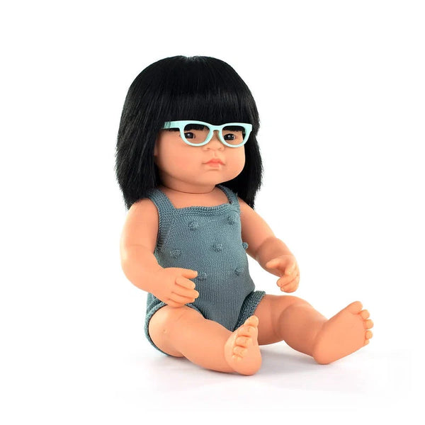 Miniland Anatomically Correct 15" Baby Doll | Asian Girl with Glasses (lead coloured rompers)