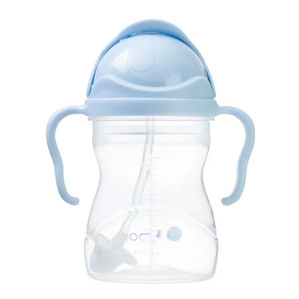 Clear baby bottle with blue lid and handles on a white background